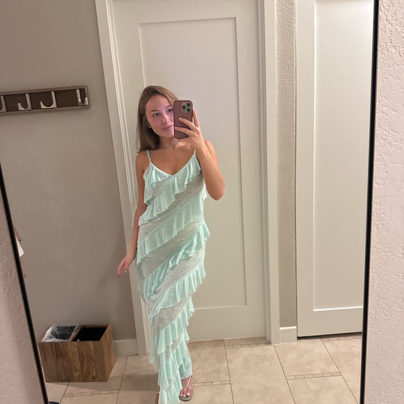 Pitusa Dresses & Skirts - Pitusa Light Green Asymmetrical Ruffle Dress